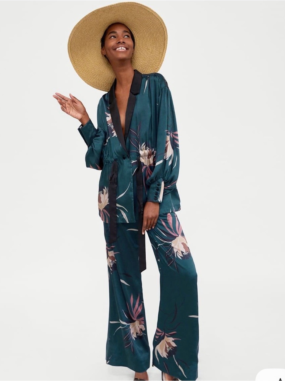 Zara woman dark teal satin floral matching set featuring a kimono-style top XL